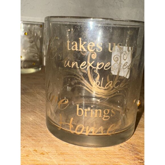 Set Of 3 Decorative Glass Candle Holders With Gold Text & Embellished Design - Picture 7 of 8